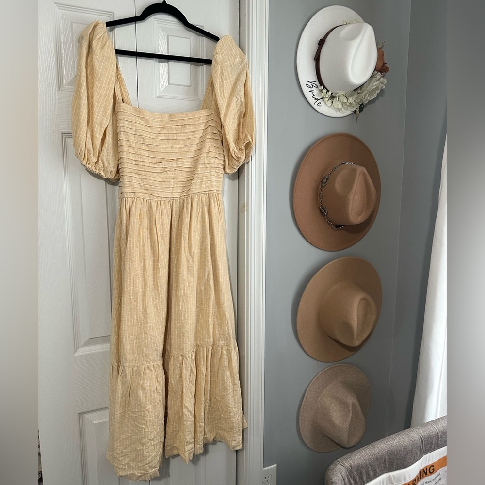 The A&F Emerson Linen Blend Puff Sleeve Midi Dress Yellow